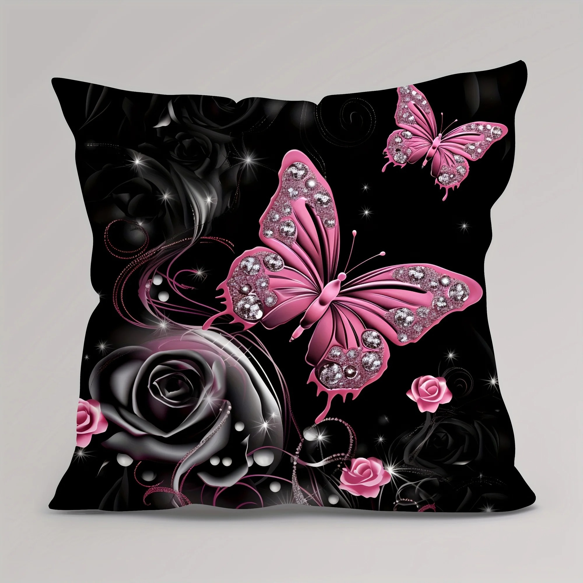E-shop 4 Stück leuchtend rosa Schmetterlinge & Rosen Kissenbezüge - Eleganter schwarzer Hintergrund mit goldenen Akzenten, Reißverschluss,