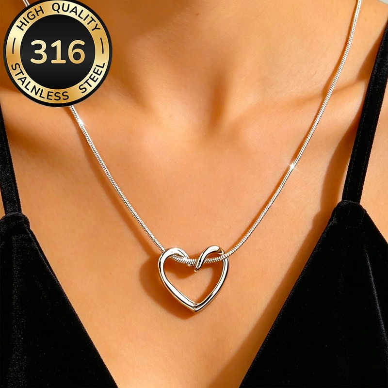 TEMU A Easy And Stylish Hollow Heart-shaped Stainless Steel Necklace, -shaped Pendant Necklace, Hypoallergenic, Fade-resistant, Easy And Versatile,