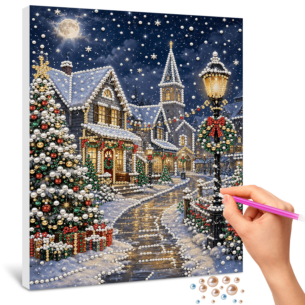 TEMU Kit de peinture diamant à faire soi-même pour adulte « Village de Noël » - Artisanat d'hiver enneigée, décoration murale de fêtes douillette et