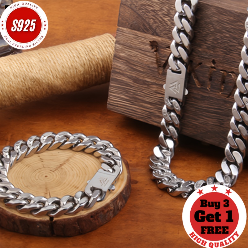 TEMU 925 Sterling Silvery, 8mm Cuban Chain Necklace And Bracelet Set, Casual Wear, Trendy Item| Fashionable And Elegant, Trendy And Versatile,