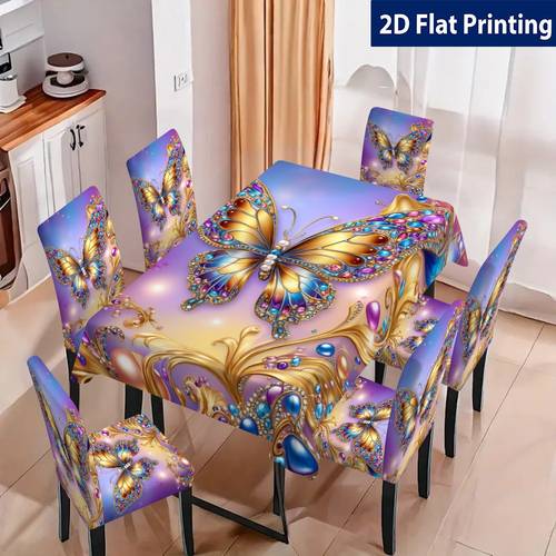 purple base colored diamond 2d flat printing pattern tablecloth and chair cover set tablecloth and elastic dining chair covers home decoration table and chair additions suitable for family