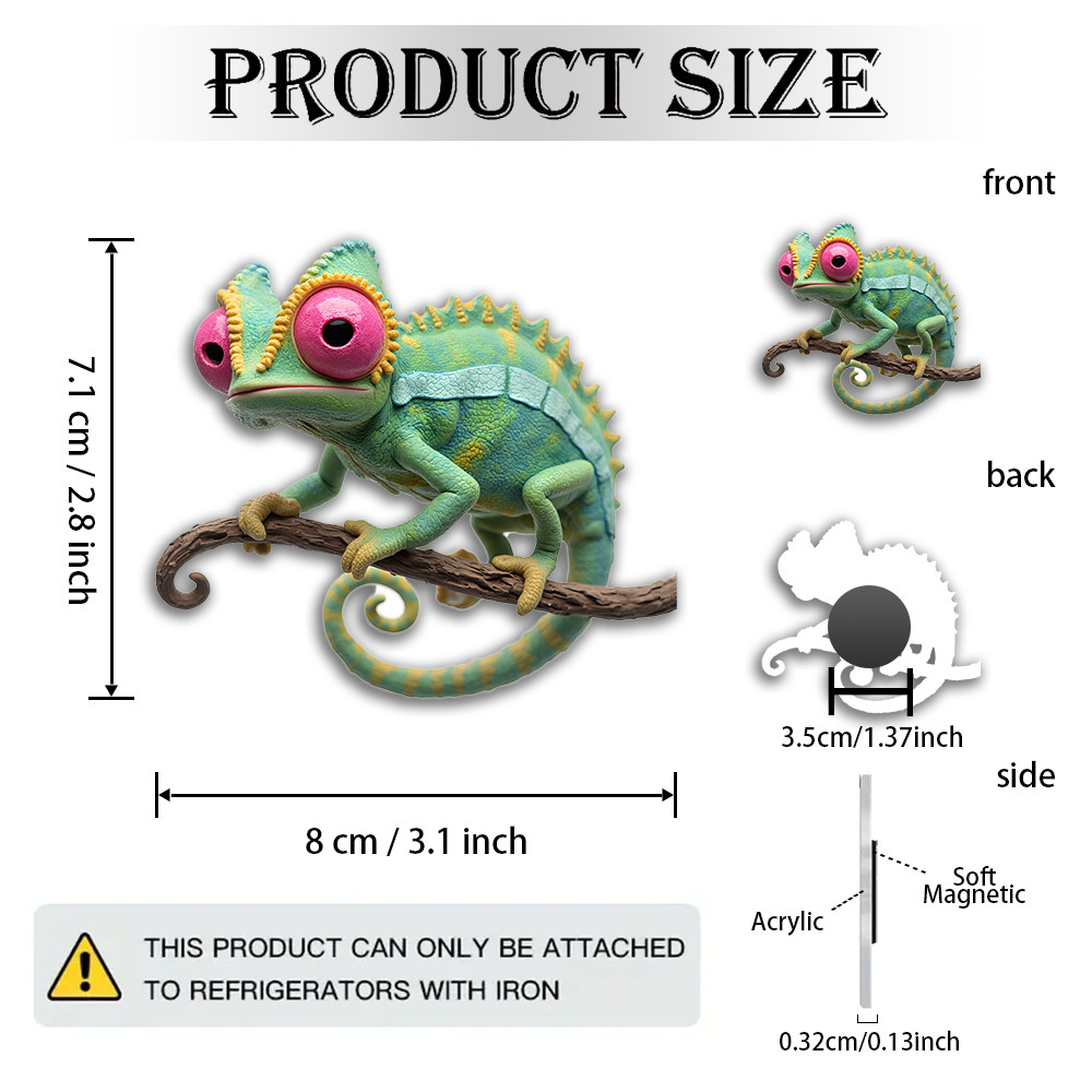 E-shop 1 Stück 2D-Flachmagnet aus Acryl und Gummi mit verspieltem Chamäleon-Design in leuchtendem Grün und Pink, auf einem Spiralzweig sitzend. Ideal