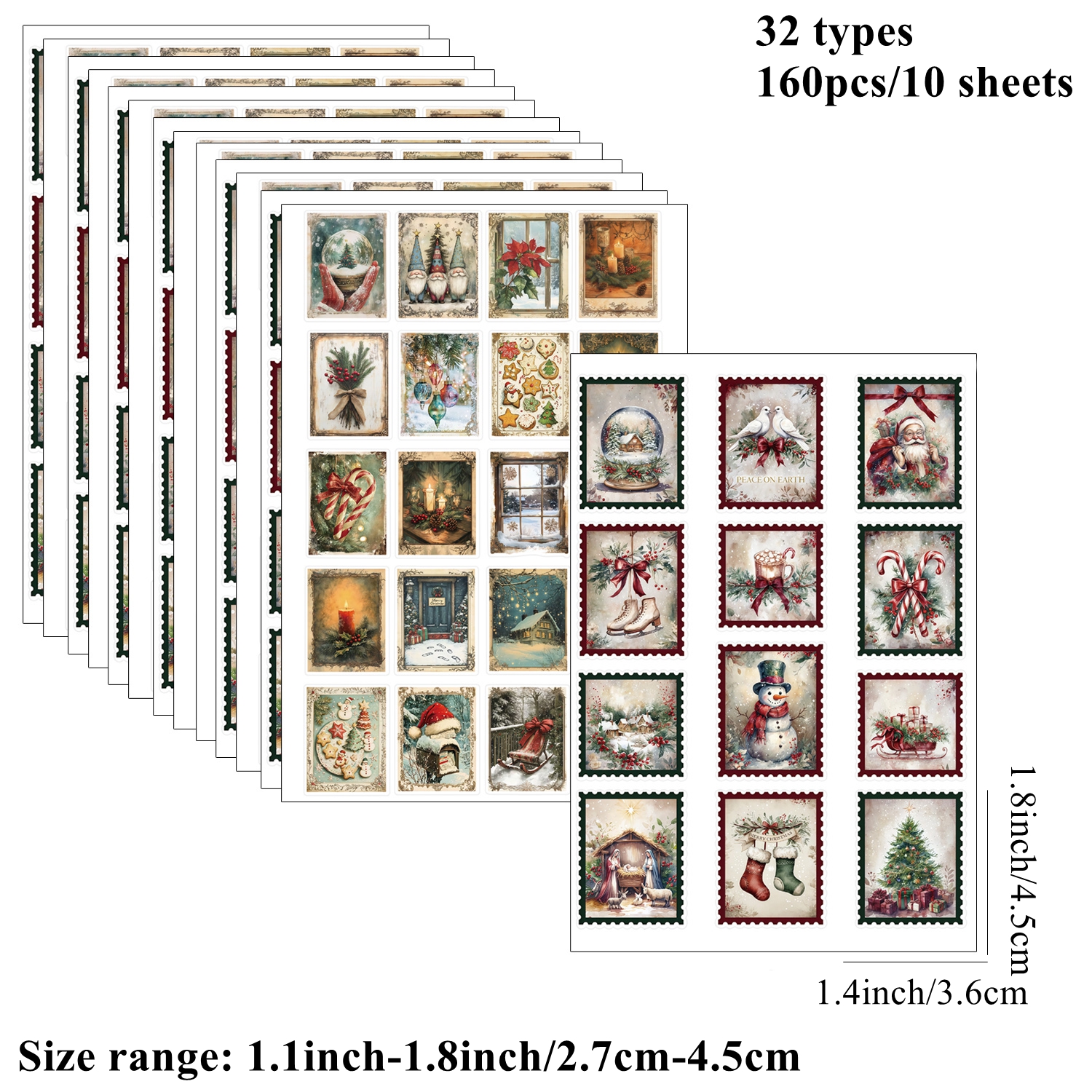 TEMU 160pcs 10 Sheets Vintage Christmas Sticker Sheets Creative Craft 2d Flat Xmas Series Rectangle Stickers For Notebook Photo Stationery Decor