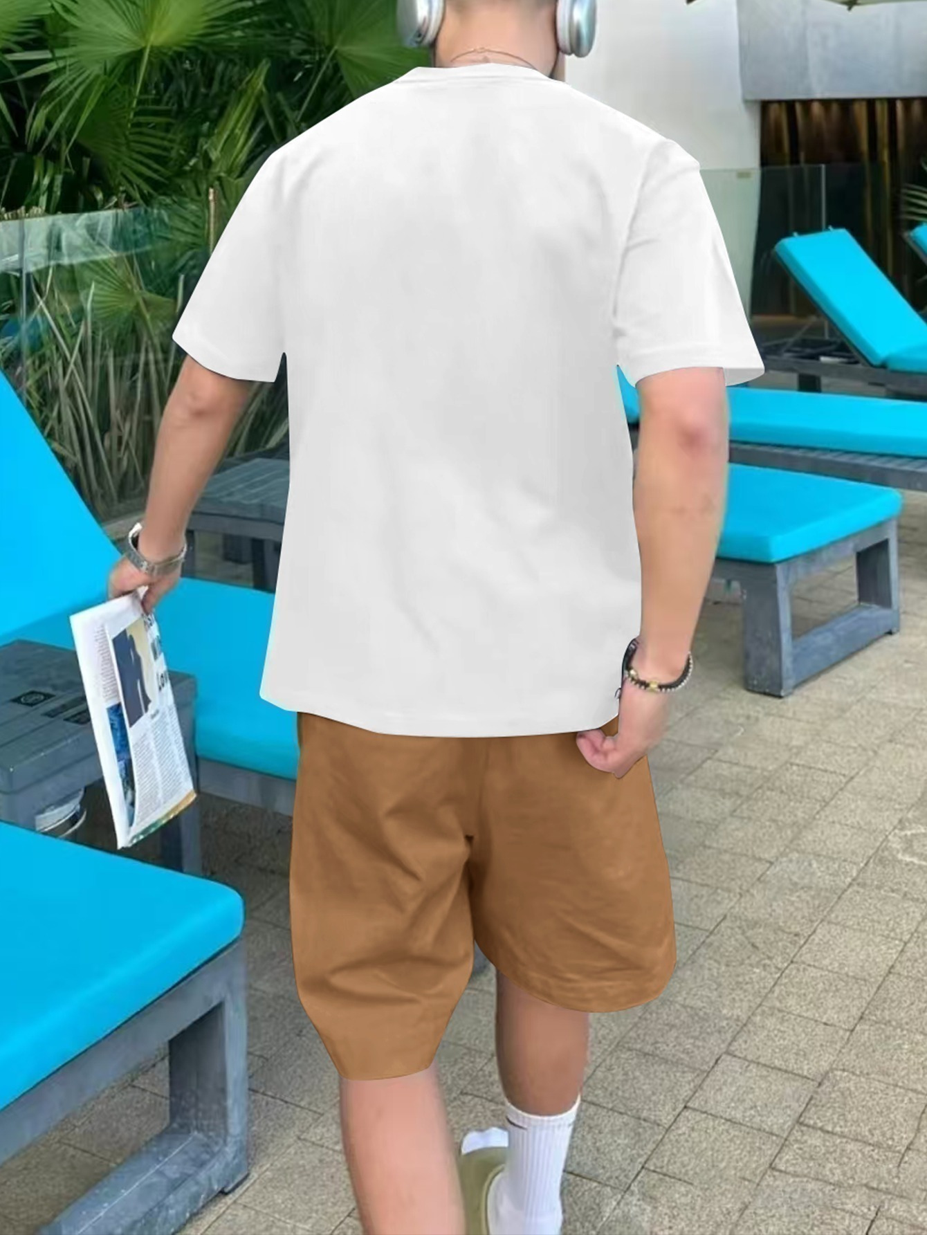 Men'S Brooklyn New York Print Cotton T-Shirt & Shorts Set - Casual Crew Neck, Short Sleeve, Loose Fit, Summer Outfit with Pockets, White with Green Lettering, Beachwear Clothing|Relaxed Fit Shorts|Pocketed Tshir