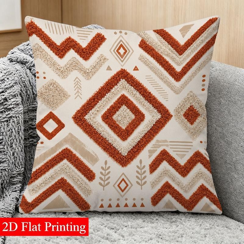 TEMU Housse de coussin carrée à impression plate 2D, 45X45Cm, motif géométrique , chauds et naturels (Rouge-orange, Beige, Marron ), Style moderne,