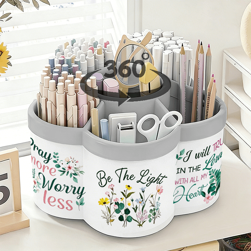 TEMU Rotating Pen Holder And Cosmetic Organizer|floral Text Background Sticker-360° Rotating Convenient Desktop Storage Box|large Capacity Portable