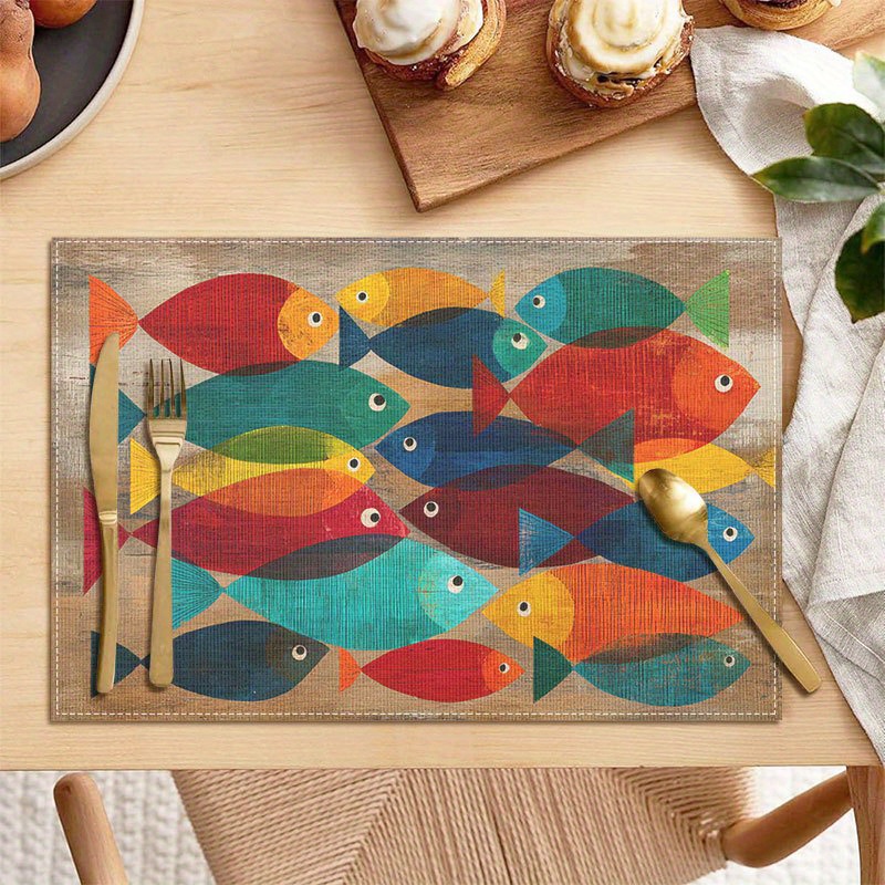 TEMU 4pcs Set Of Colorful Abstract Fish Pattern Placemats 12*18inch Washable Table Mats Suitable For Holiday Parties, Coffee Tables, Home Decoration,