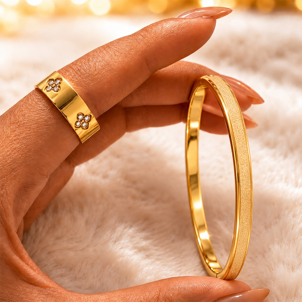 Delicate Glitter Bangle Ring Set, Floral Decorated Elegance