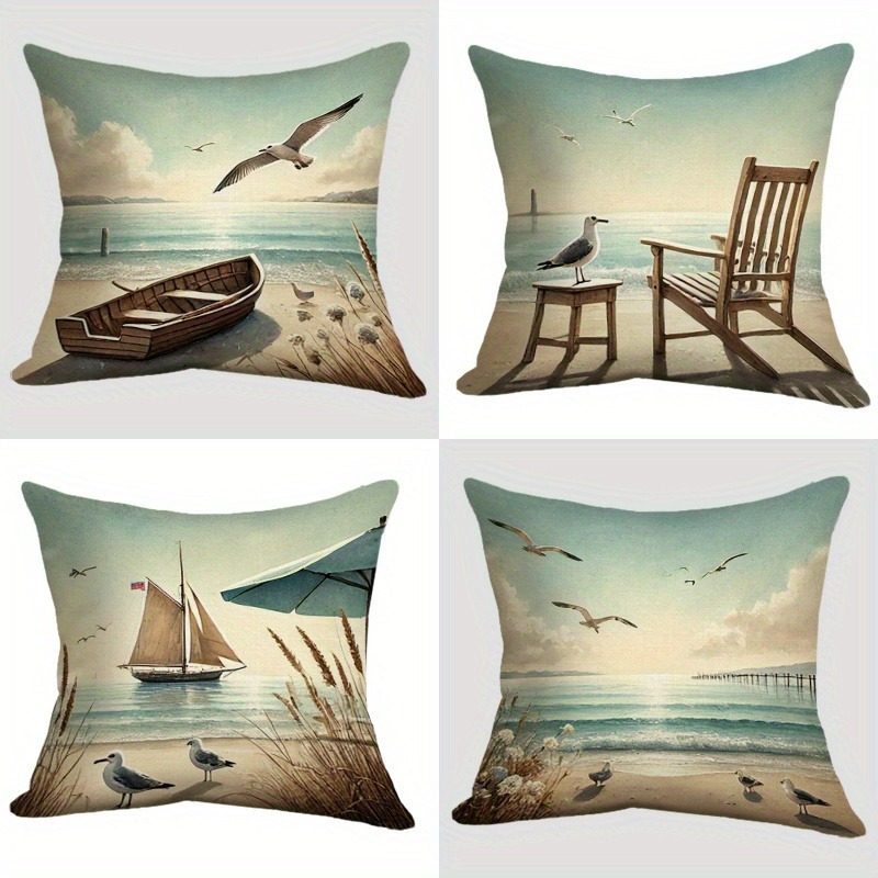 

4pcs, Bedroom Decoration, Retro Tone Seagull Seaside Pattern Printing, -friendly Cushion Cover, 100% Polyester Material Suitable For Room Sofas Of Room Types, 45x45cm, Without Pillow