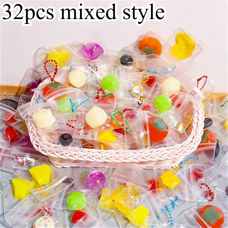 TEMU 32pcs Fruit Squeezable Keychain Set, Featuring Multiple Random Designs Of Squeeze-to-hold Keychains. -themed Soft And Keychains, Portable Bag