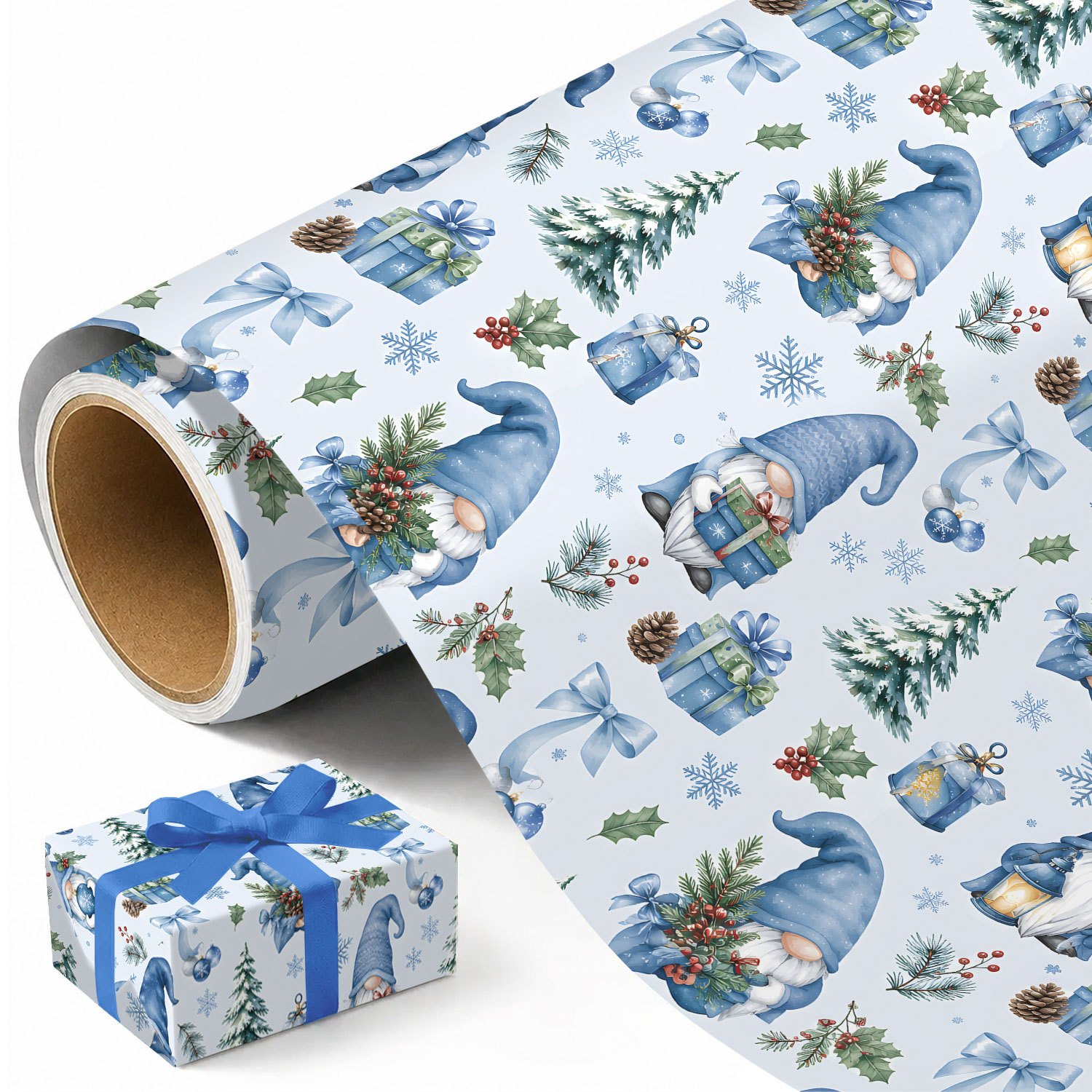 TEMU Rouleau de de Noël - 17,7 pouces x 118 pouces, papier d'emballage avec motif gnome, pin, de neige pour cadeaux de Noël, décorations de fête et