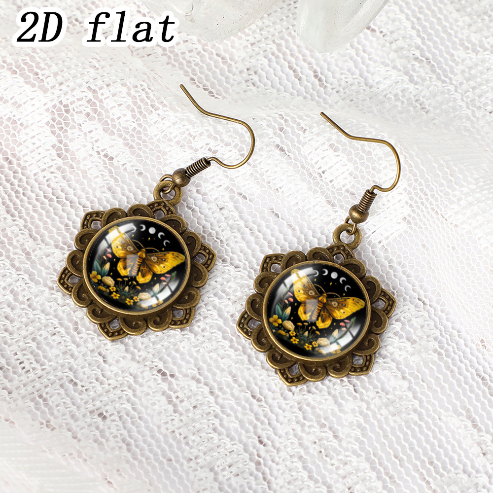 Unisex Vintage Lace Frame Dangle Earrings with Moth and Flower