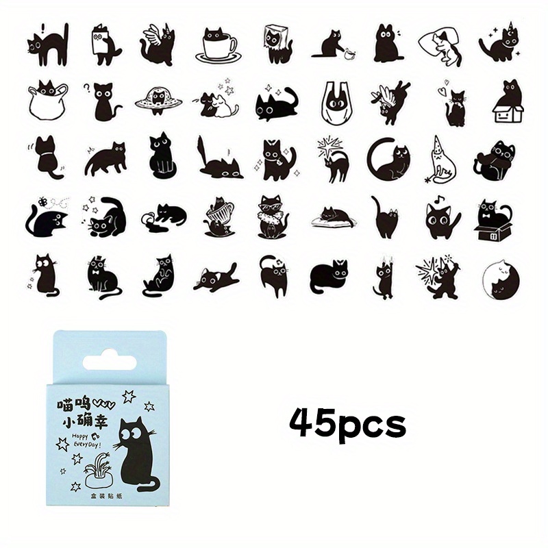 45pcs Cat Series Stickers - Creative Diy Craft Decals For Envelopes, Journals, Scrapbooks & Albums - Adorable Black Kitten And Cat Wall Art Decor