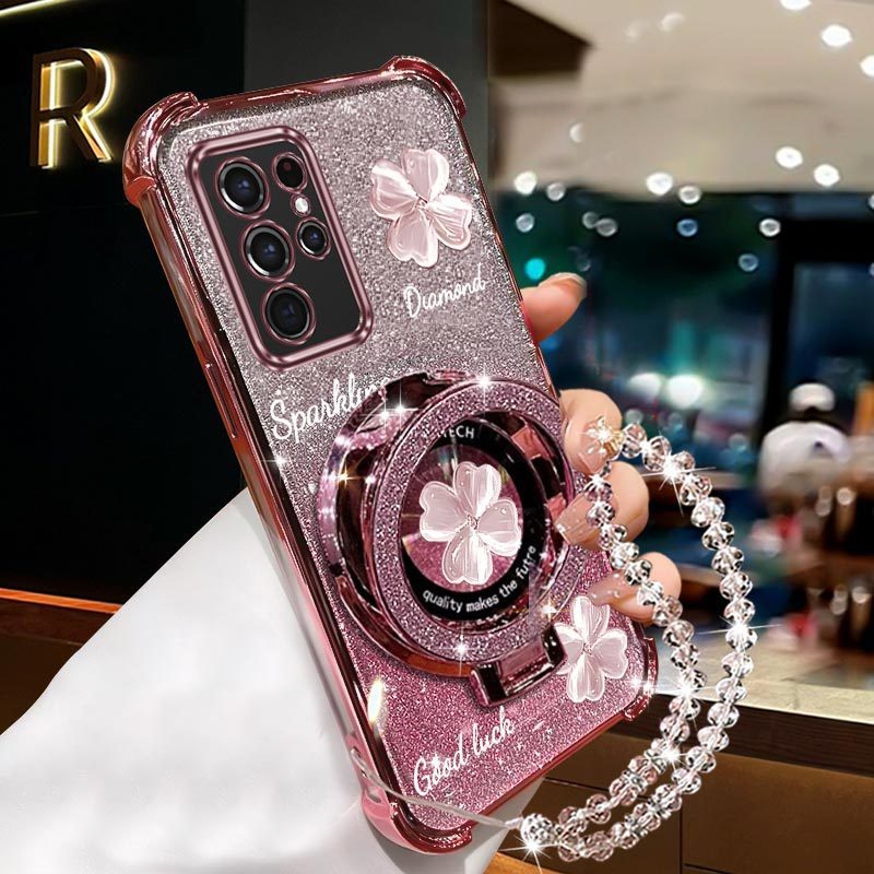 TEMU Phone Case: Luxury Clover Wrist Strap Magnetic Glitter Phone Holder Case On For Galaxy S21 Ultra Galaxys21ultra 5g Anti-knock Shock Proof Stand