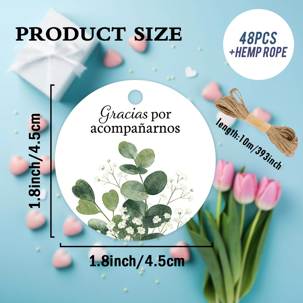 TEMU 48 Piezas de Etiquetas Redondas de Regalo "Gracias" con Cuerda de , Diseño de Hojas de Eucalipto y Gypsophila, el Mensaje "Gracias Por