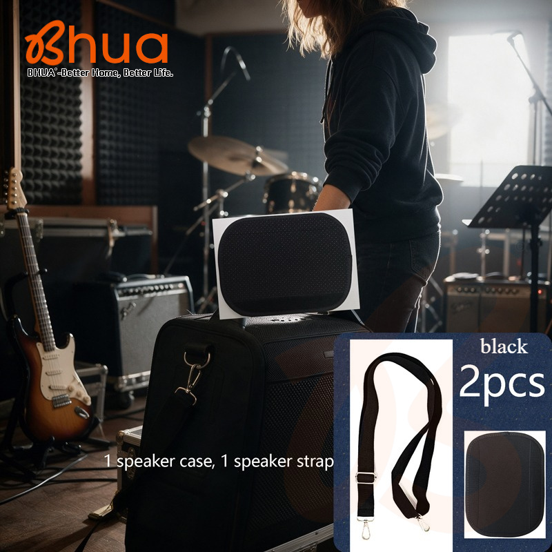 TEMU 2pcs Set (1pc Subwoofer Handle/wrist Strap And 1pc Shoulder Strap) – Black Fabric; Suitable For Portable Speakers; Makes A Audio Accessory Or