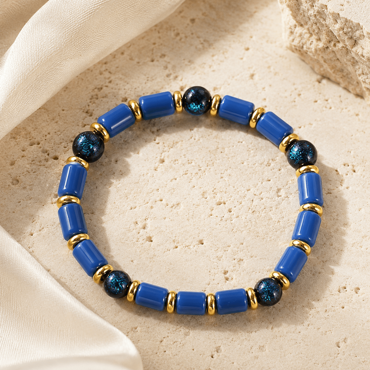 Modern Minimalist Blue Cylindrical Beaded Stretch Bracelet