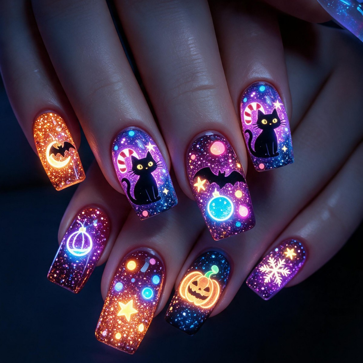 TEMU 24pcs Halloween Christmas Starry Sky Fake Nails, Black Cat Bat Pumpkin Snowflake Pattern, Party Nail Art, Reusable Medium Length Square Press-on