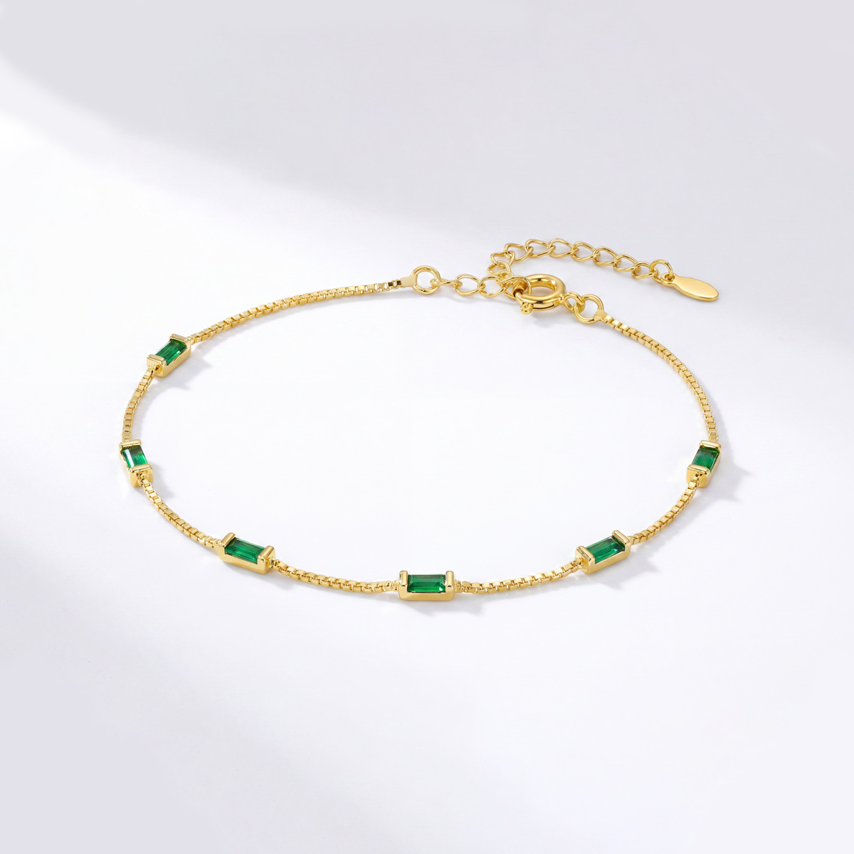Image of S925 Silver Rectangular Zirconia Bracelet With 6 Trapezoidal Green Zircons. Luxurious Adjustable Accessory