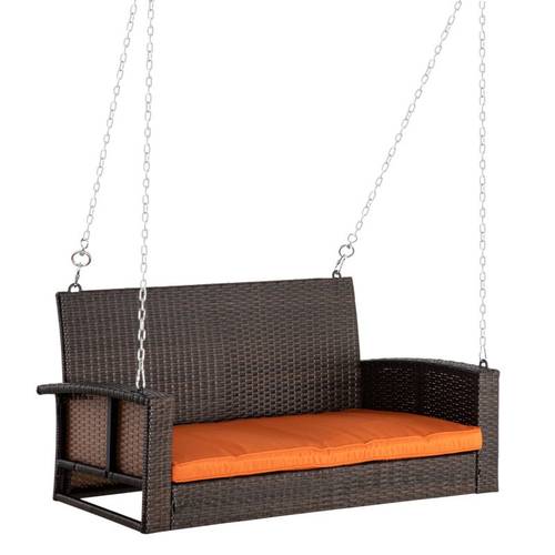 2 person foldable wicker hanging swing bench with removable cushions 550 lbs capacity pe rattan weather resistant outdoor porch swing chair for backyard garden patio orange backyard relaxation cozy seating durable construction