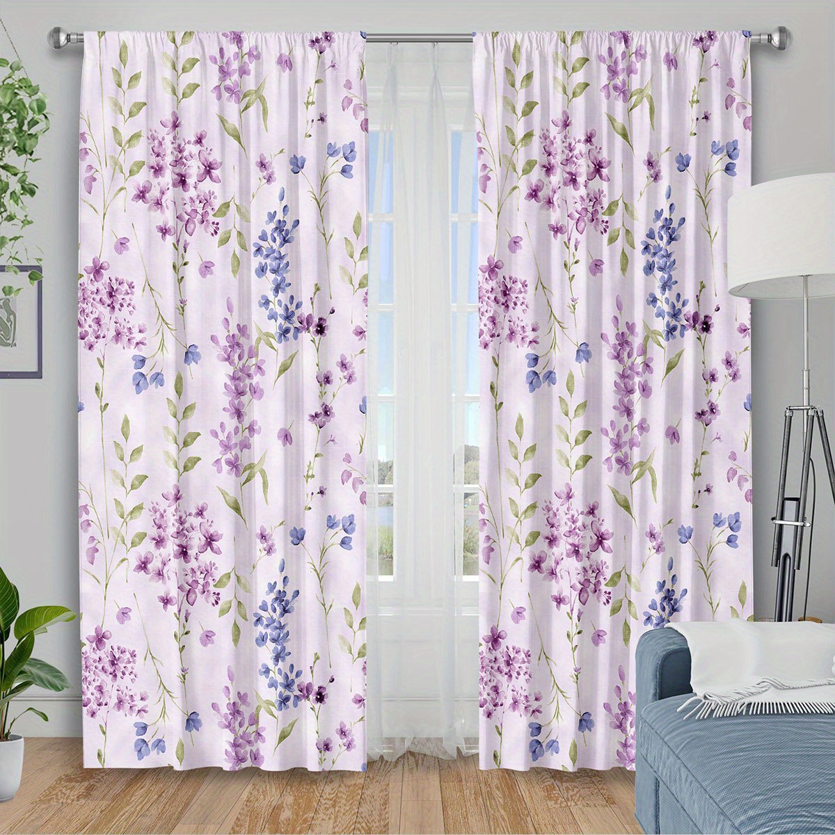 TEMU 2d Flat, 2pcs 2d Flat Printing Curtain Fabrics Floral Lilac Print Curtainsinsulation Blackout Curtains For Bedroom Kitchen Bedroom Living Room