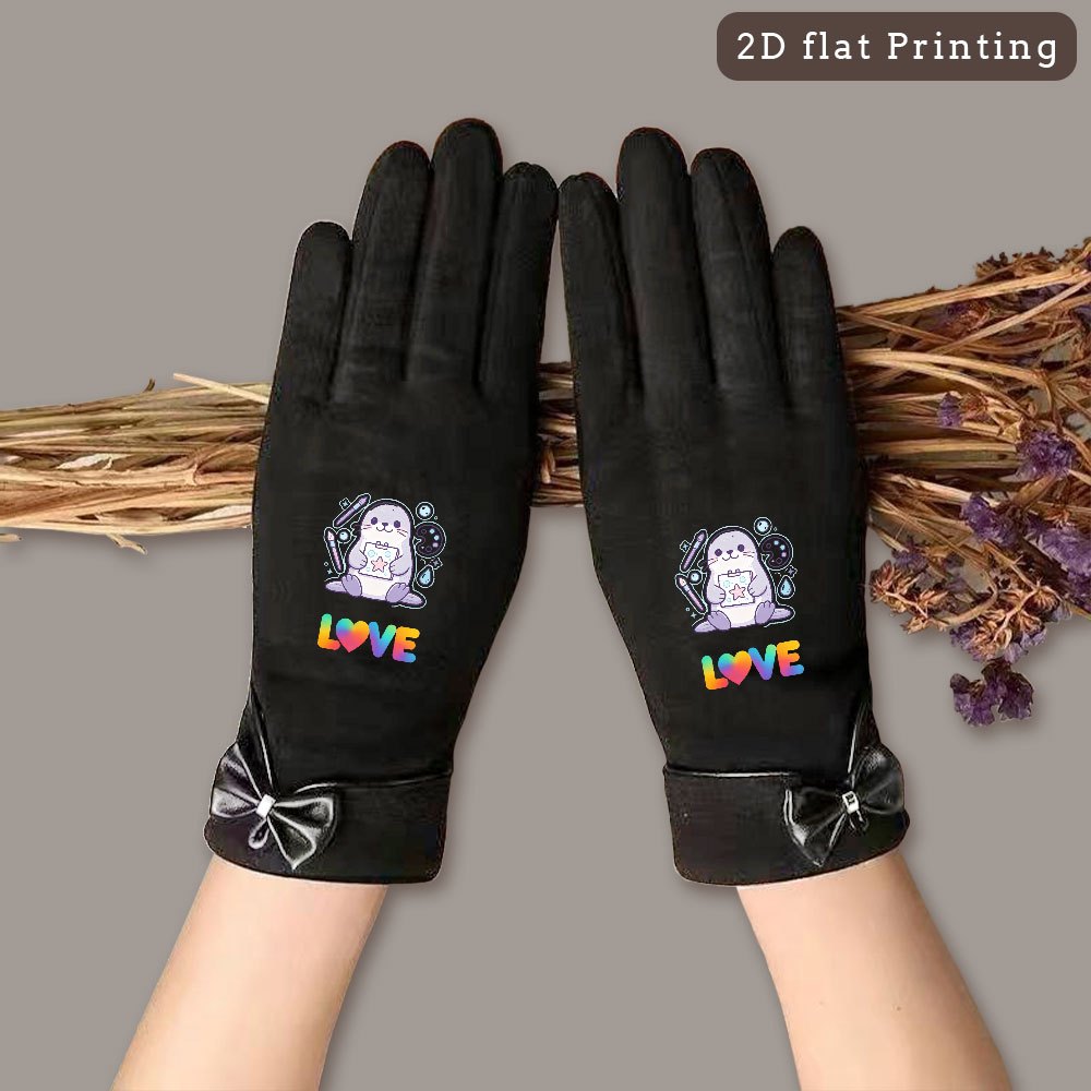 Women's Seal Print Fleece-Lined Touchscreen Winter Gloves with Bow