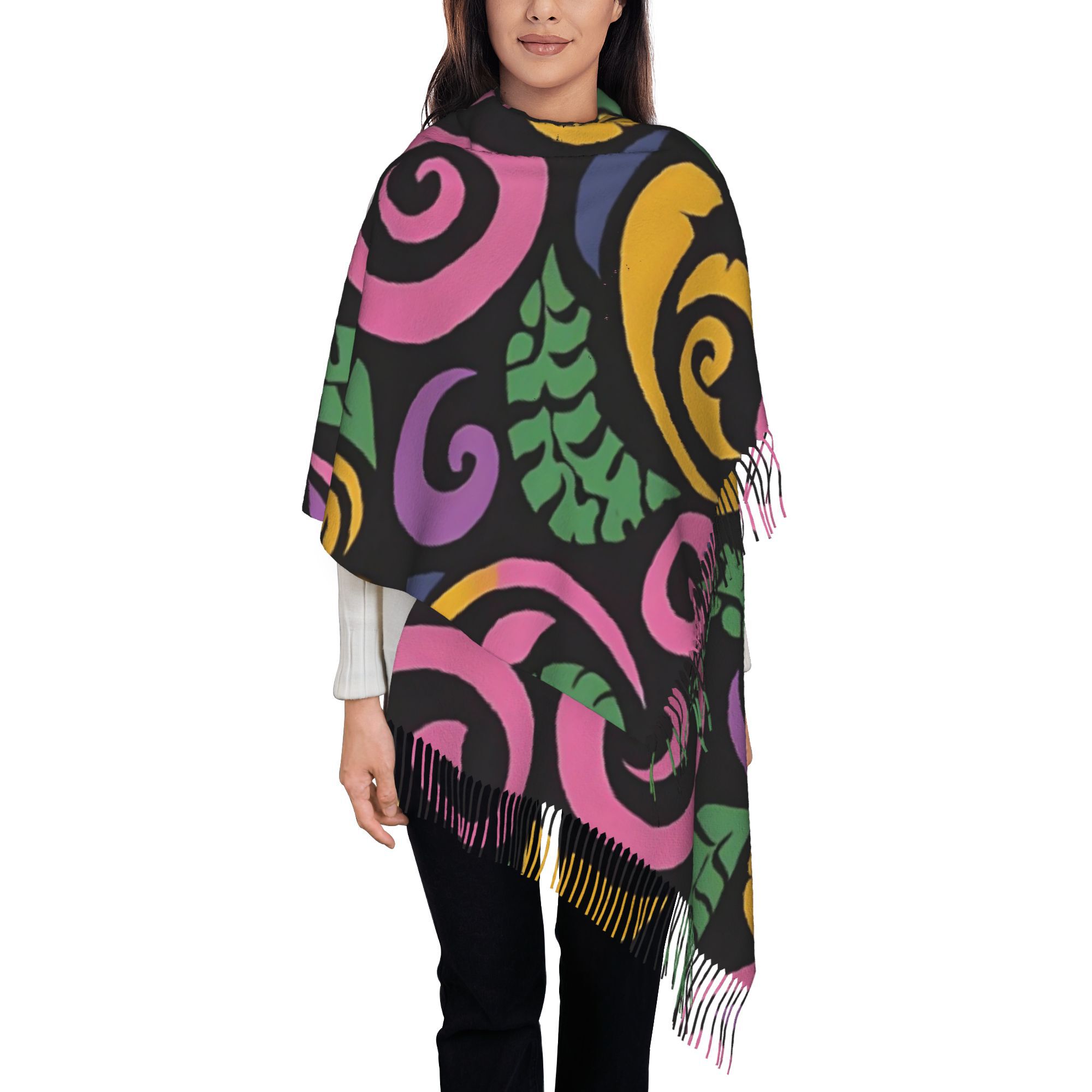 TEMU New Zealand Maori Paua Pattern Koru 247 Stylish Printed Warm Winter Shawl With Tassels A Versatile Accessory Daily And A Must Have For Fashion