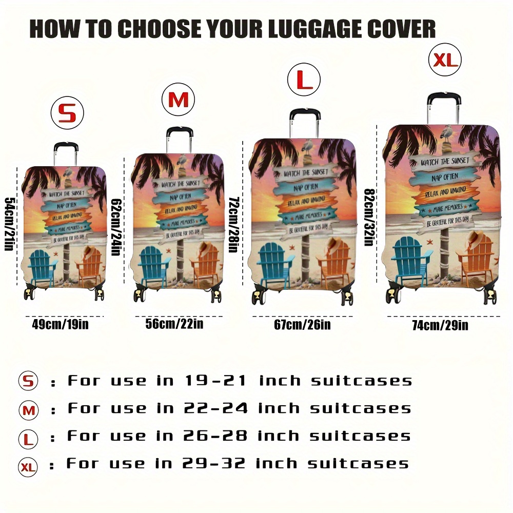 TEMU 1pc Tropical Beach Scene Luggage Cover - Vibrant Palm Tree & Sunset Design, Stretchy Polyester Material, Ideal For Travel, Vacation, Camping,