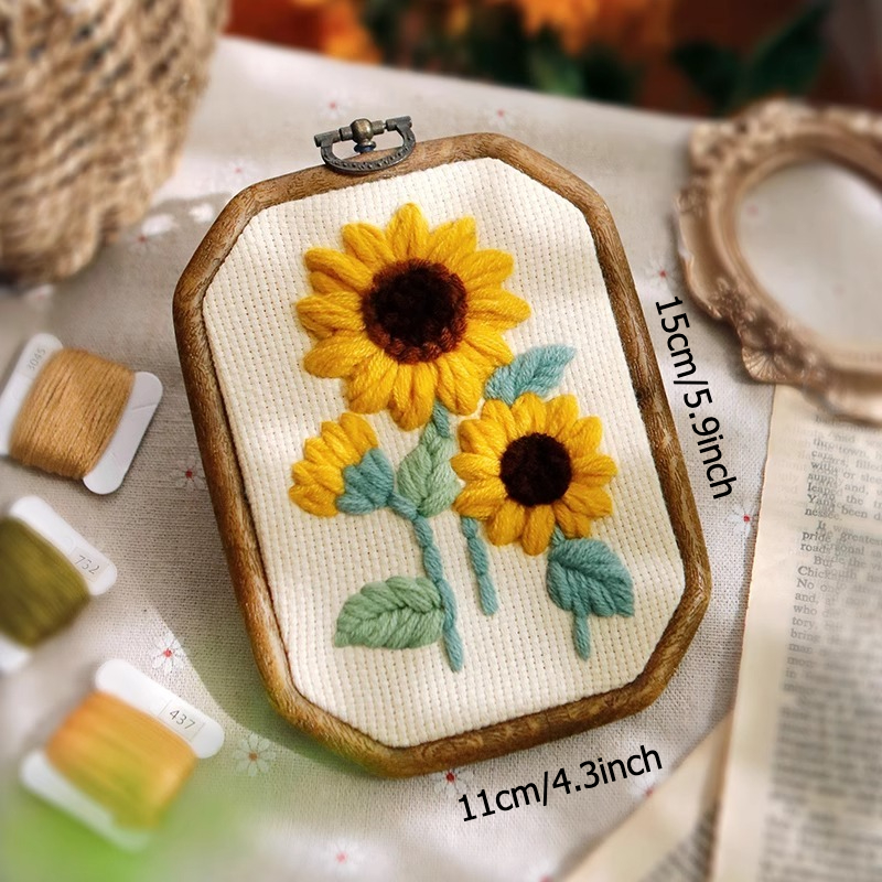 Punch Kit For Beginners - & Autumn-themed Embroidery Craft With Sunflower & Rose Patterns, Pre-printed Canvas Hoops, Guide & Color-coded Threads (no Sewing/hooking Skills) - Handmade-look