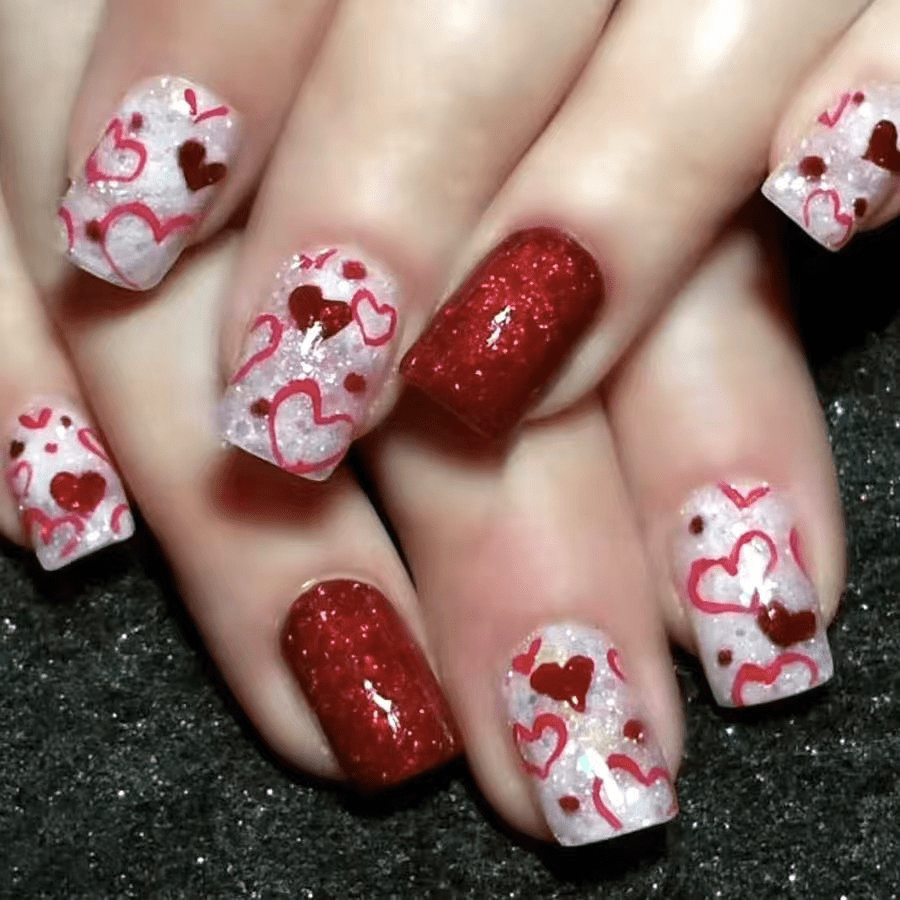 

24pcs Valentine's Day Nail Wraps - Mixed Shape Medium Length Nails With Heart Pattern And Strobe , Red Design Fake Nails Set