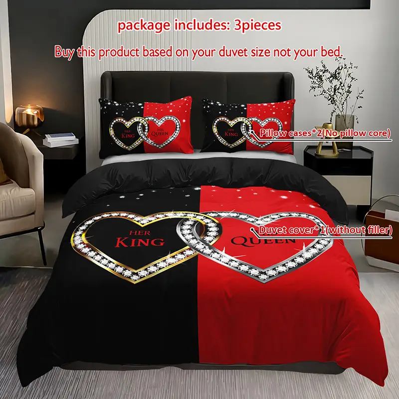 3pcs king queen hearts luxury bedding duvet cover set couple bedding quilt set romantic themed bed quilt set anniversary bedroom decor bed quilt set 1duvet cover 2pillowcase no comforter Product details 0