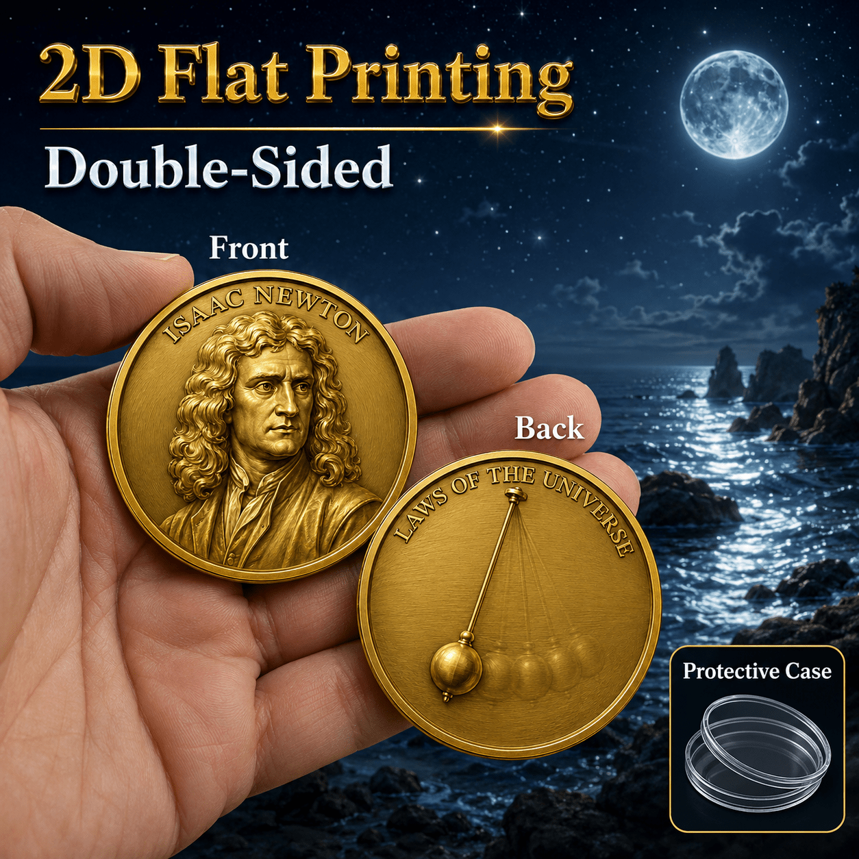 TEMU 2d Flat, 1pc, (1.57"x1.57") Law Of Universal Commemorative Coin, Scientific Discovery Collectible Gift, Desktop Decoration Pocket Book Shelf