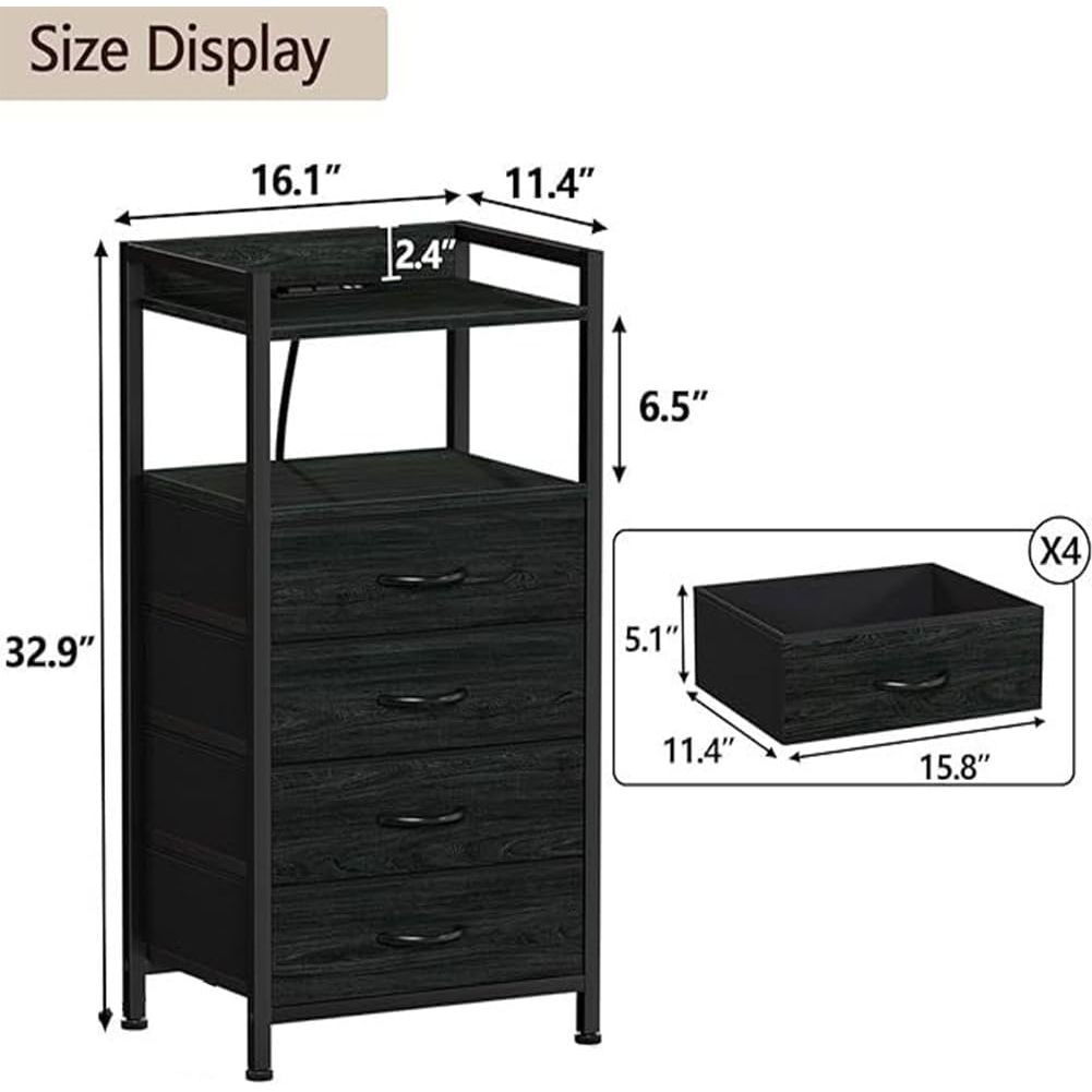 Image of 3-tier Nightstand With 4 Drawers, Multifunctional Side Table With Storage Shelf, Sturdy And Wood, For Bedroom Living Room As Bedside Table Or Sofa End Table