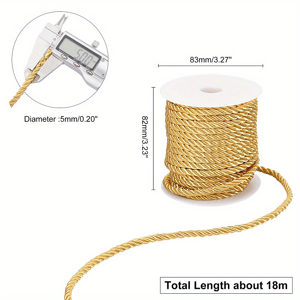Image of 1 Roll Golden Twisted Cord Rope - 3-ply Polyester 5mm Thread For Home Decor, Embellishments, Costumes, Cords, Christmas Bag Drawstrings - 59 Feet, No Electricity Or Battery Needed, For