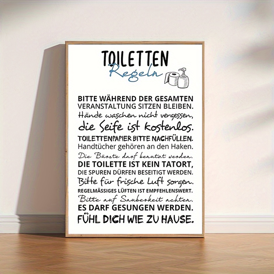 E-shop 2D-Flach, . Humorvolles deutsches Toilettenspruch-Leinwandposter – Ungerahmte Wandkunst, geeignet für Badezimmer, Schlafzimmer, Küche,