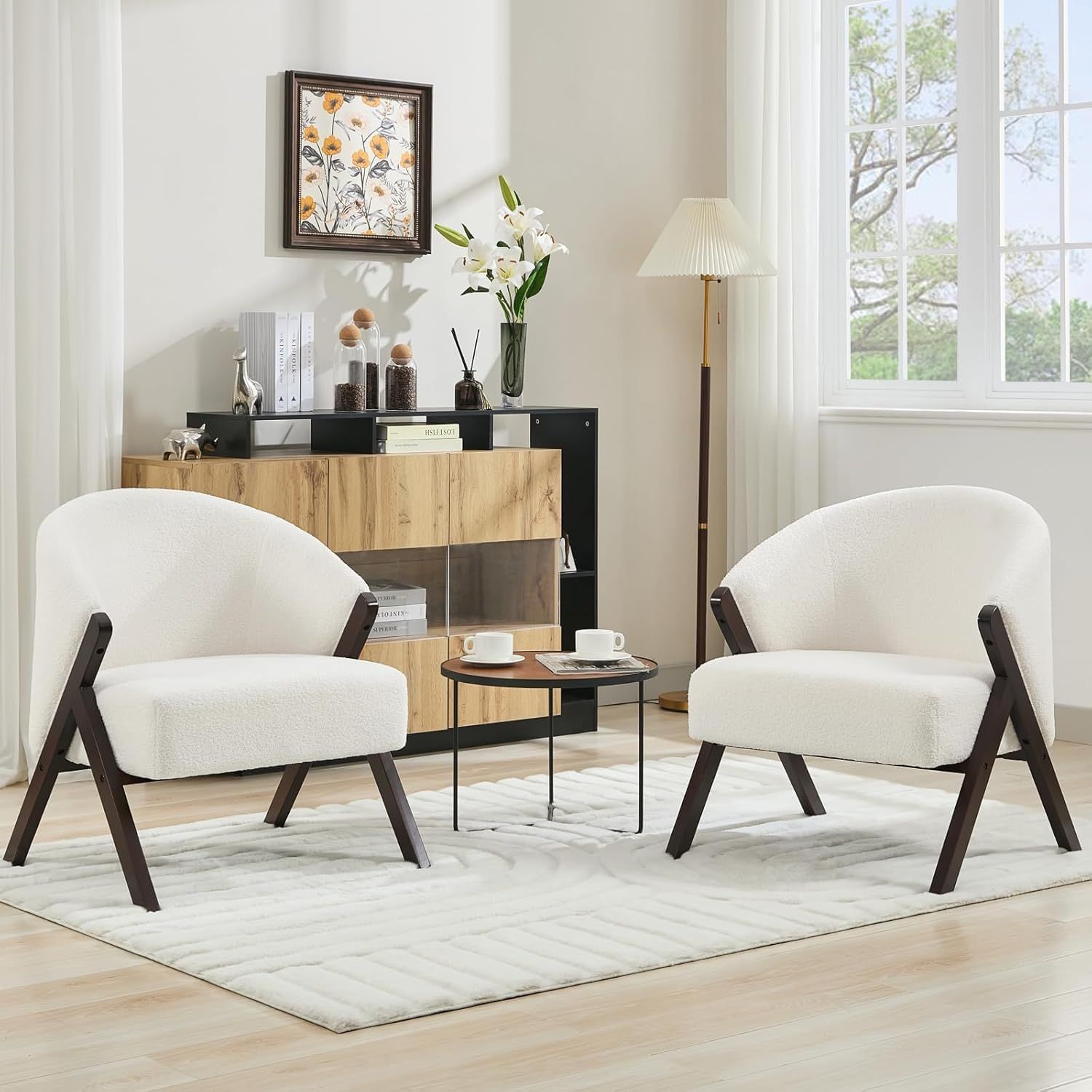 SLEKVERSA Teddy Accent Chair, Mid-Century Modern Wooden Accent Chair with Wood Legs, Comfy Upholstered Reading Leisure Chair for Living Room Bedroom Waiting Room, Beige