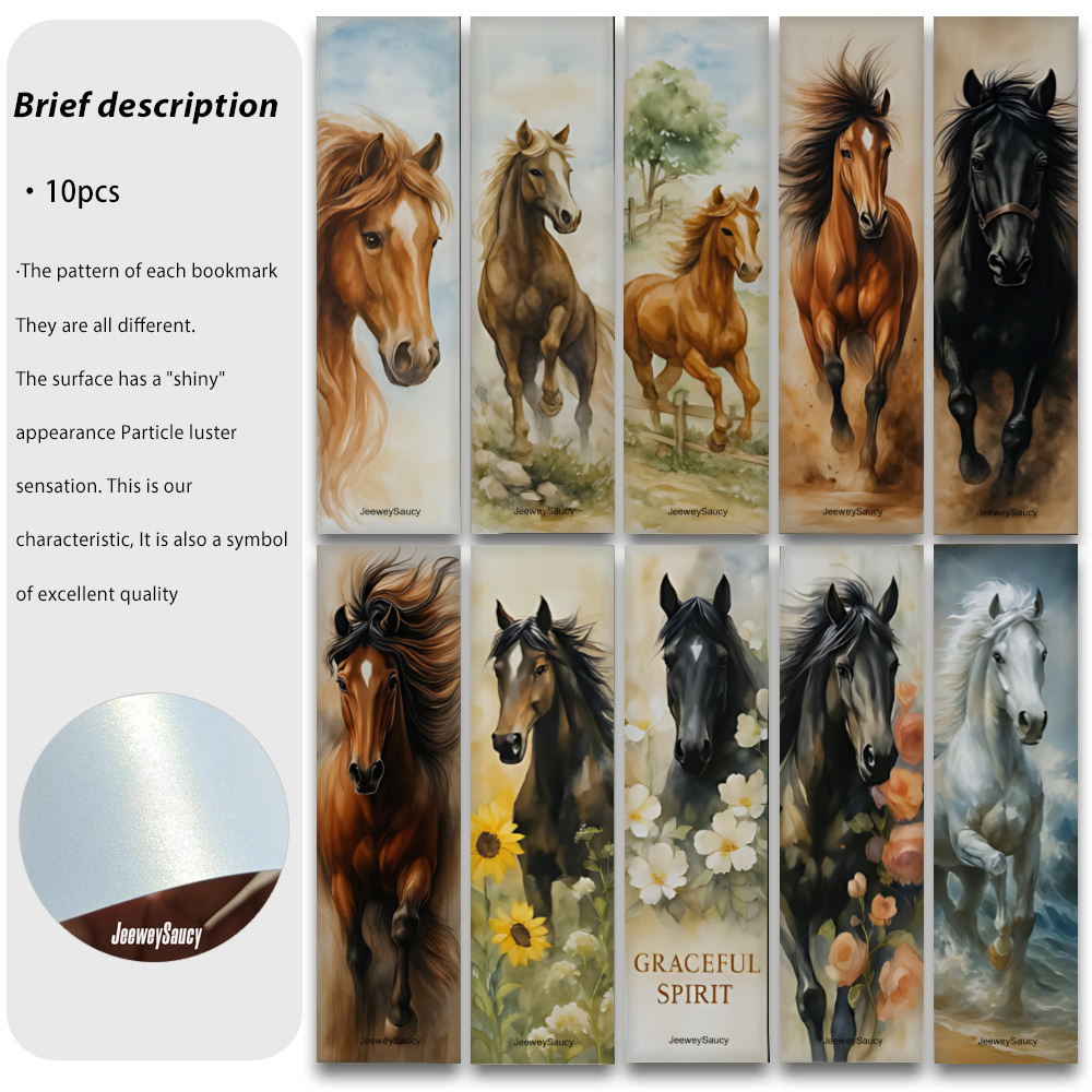 TEMU A Set Of 10 Bookmarks Featuring Artistic Side Profiles Of Golden- Horses, Made From Thick Glossy Card Material That Allows For Writing Notes.