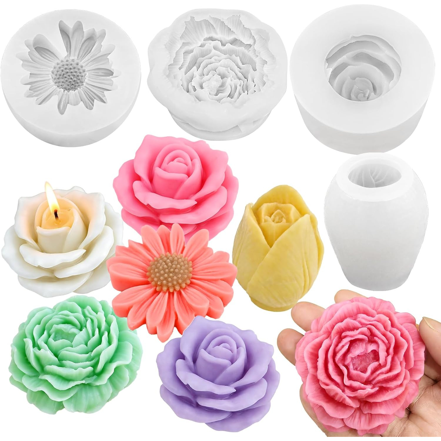 E-shop Set mit vier Silikonformen für Blumen, mit 3D-Designs von Gänseblümchen, Pfingstrosen, Rosen und Tulpen. Sie sind einfach zu verwenden und für