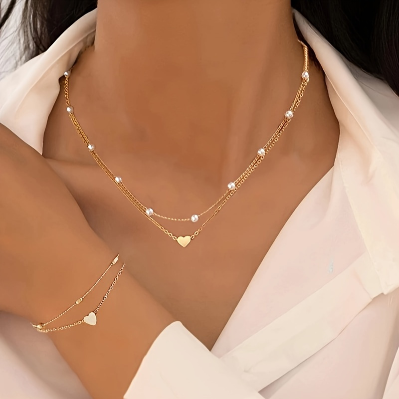 

3pcs/ Set Of Stylish Heart-shaped And Pearl 18k Gold-plated Jewelry - Women's Necklace And Bracelet For Dating, Vacation And Casual Wear