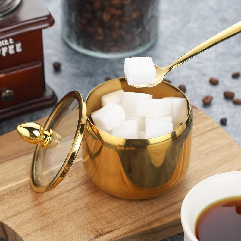TEMU 1pc Golden Stainless Steel Sugar Bowl With Lid - Elegant Kitchen & Coffee Bar Accessory, Sugar, Salt, Coffee Beans, And Seasonings, Sugar Bowl