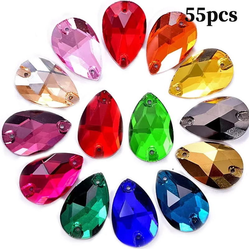 TEMU 55 pièces de strass en acrylique multicolores de goutte à double trou, 1,1 * 1,8 cm / 0,43 * 0,7 po, à dos plat, pour accessoires de bricolage,