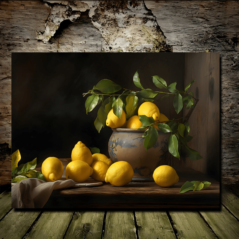 レモンの静物画 木製フレーム付き 魅力的なヴィンテージレモン樹の花瓶