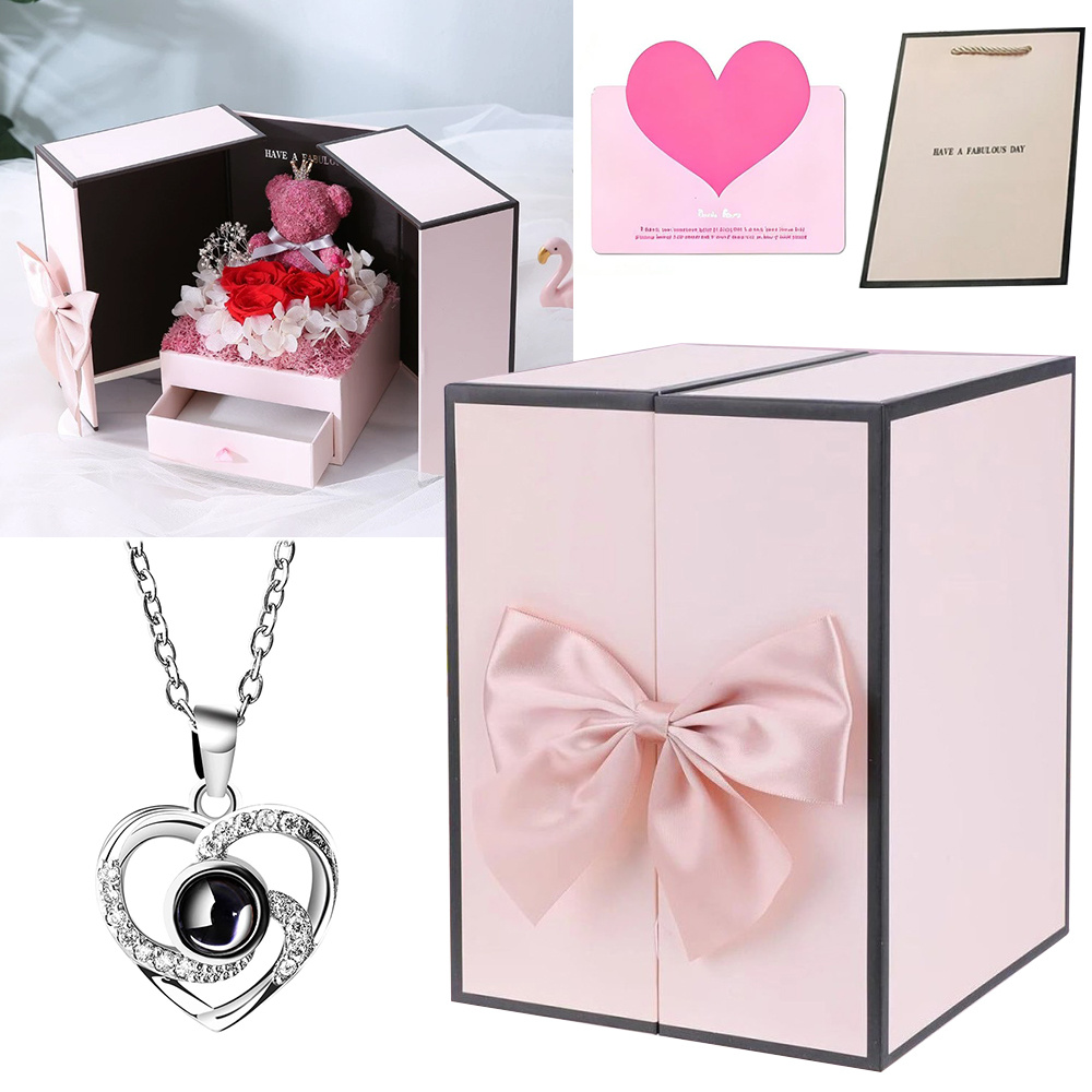 Red Heart Bear Decorative Storage Box Set, Includes Jewelry Box Teddy Bear Ribbon Flowers Necklace Card And Bag