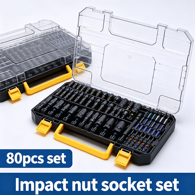 Image of 80pcs Magnetic Impact Nut Driver Set, Sae And Bit Set, Socket Adapters, Bit Holder, Wing Nut Driver, Universal Sockets, Quick Release Extension, Power Bits With Storage Box
