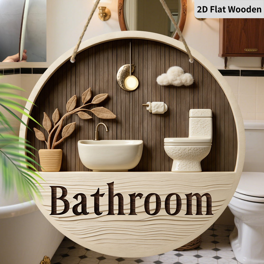TEMU 2d Flat, 2d Plane - Modern 2d Flat Wooden Bathroom Sign, Retro Decorative Pendant, Home Toilet Wall Art/desktop Decor