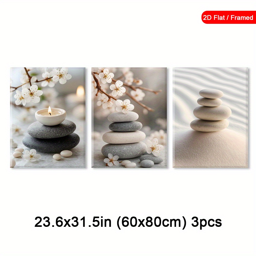 TEMU Set Of 3 Framed Spring Canvas Prints, Zen Stones Wall Art, Calming Vibes Home Wall Art Poster, Mindfulness Art Prints, Retro Artwork Print