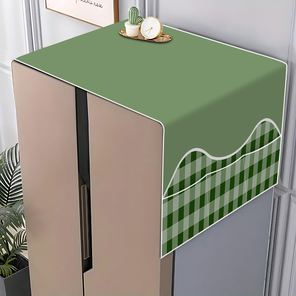 TEMU 2d Flat Refrigerator Cover With Base, Featuring A Checkered Pattern With Wavy Edges, Includes Storage Pockets For Cleaning Supplies And