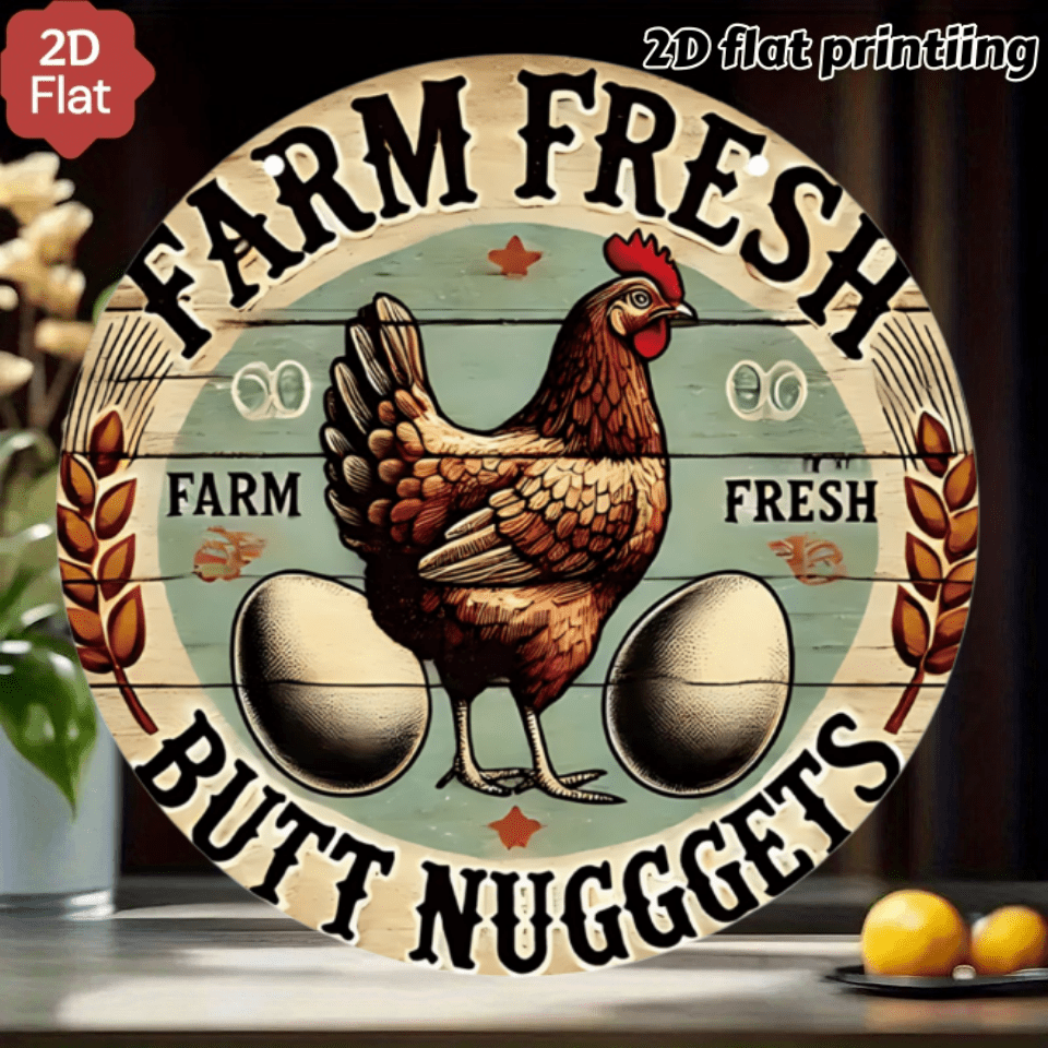 2D Flat, [2D Flat] 1pc Farm Chicken Thigh Nugget Wall Decor - Wood Round Sign Suitable for Men's Spaces, Poultry-Themed Housewarming Gift, Vintage Plaque for Home,, or BBQ Room Decoration (Not a 3D Hanging Plaque), 2D Flat
