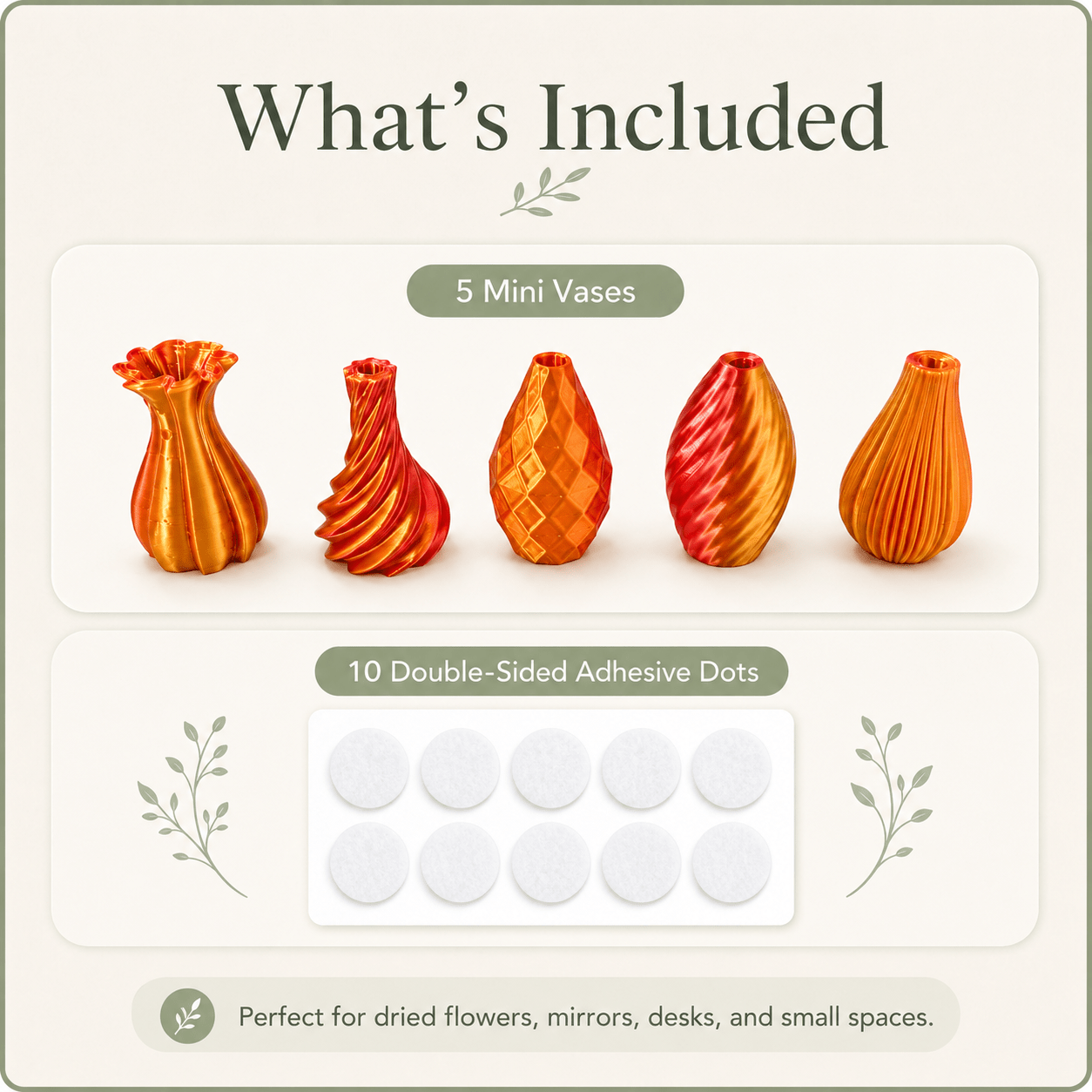 TEMU 5pcs Small Modern Home Decor Copper Wall Vase Set With Adhesive Dots, Mini Self-adhesive Hanging Vases For Dried Flowers, No Drill Wall Mount,