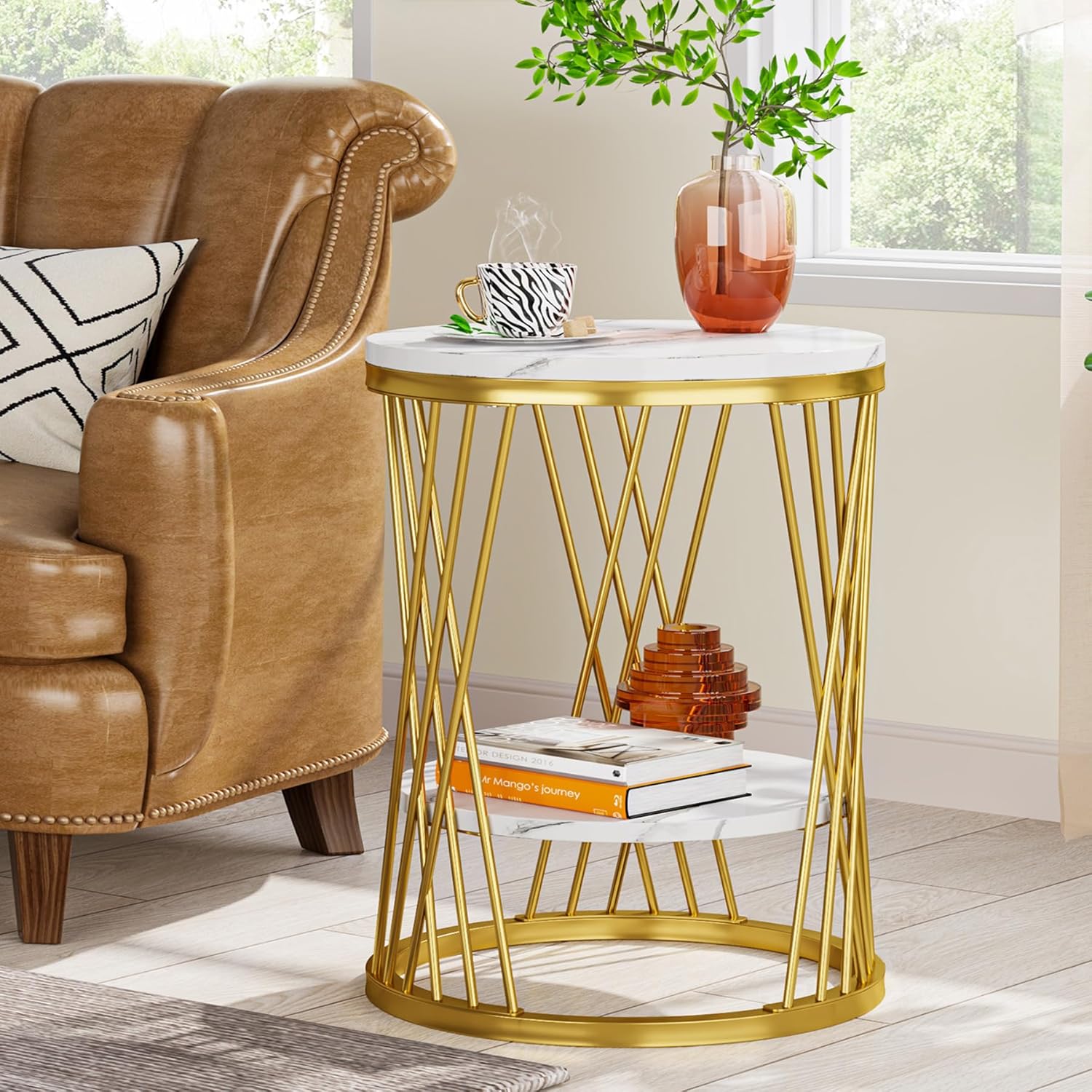 TEMU Modern White & Golden Round Side Table With X-shaped Metal Base - 2-tier End Table, Lightweight Sturdy Bedside Table For Sofa, Couch, Bedroom -